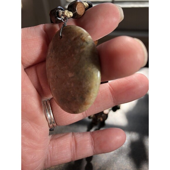 Autumn Jasper Stone Pendant Necklace w Square Wooden Beads Boho Handmade Hippie - Picture 8 of 16